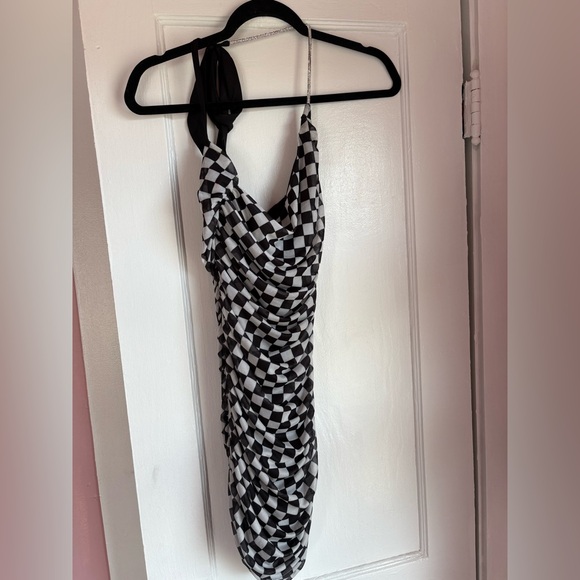 Lucy in the Sky Black & White Checkered Ruched Halter Mini Dress S - Picture 1 of 4